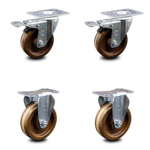 4 Inch High Temp Phenolic Swivel Top Plate Caster Lock Brakes 2 Rigid SCC, 2PK